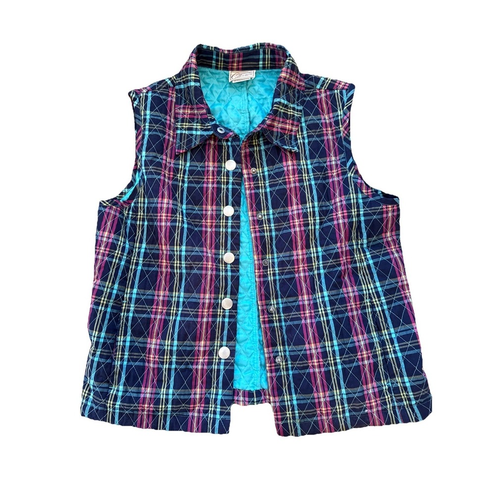 Vintage‎ Company Collection Women's Snap Navy Pink Quilted Plaid Vest Size M